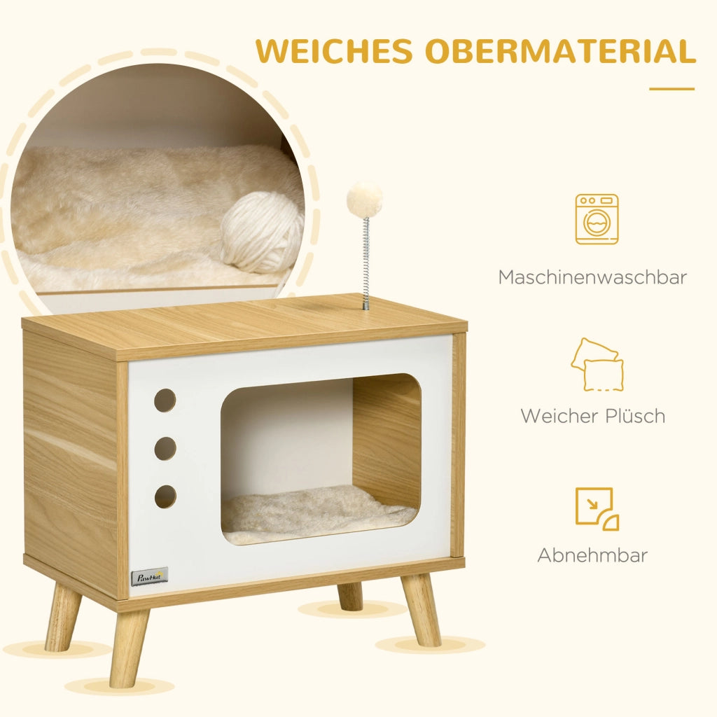 Cuccia per gatti a forma di TV con cuscino e gioco, beige, 50×28×43 cm
