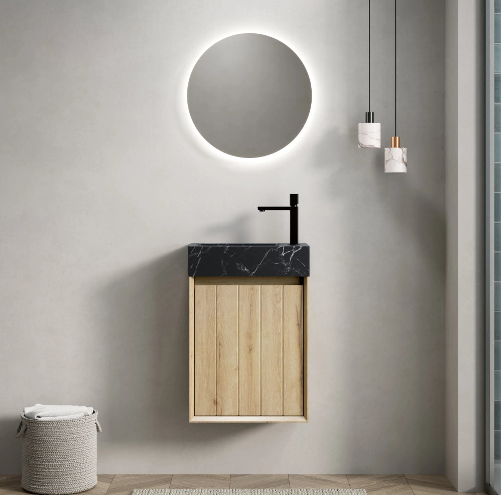 Mobile bagno con lavandino in marmo nero 40 cm, mobile in multistrato con porta in legno di rovere bianco effetto venatura