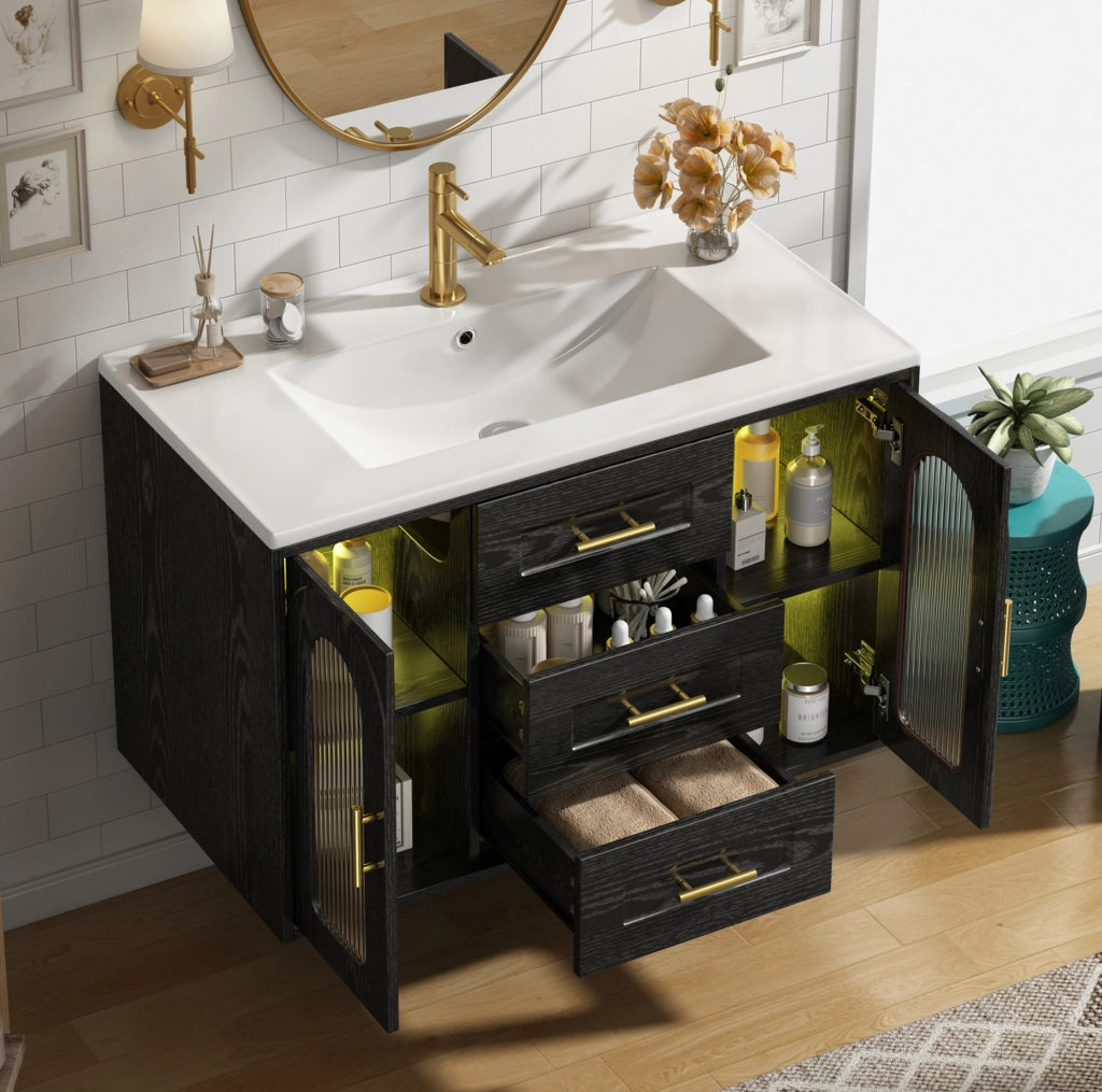 Mobile bagno sospeso nero 76 cm con lavabo, LED e ante in vetro