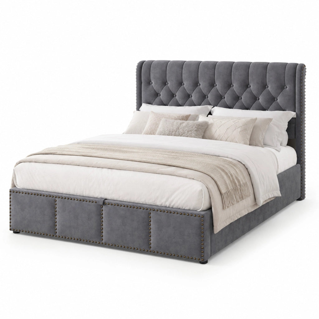 Letto matrimoniale contenitore 180 × 200 cm in velluto grigio con testiera alta rete a doghe e rivetti