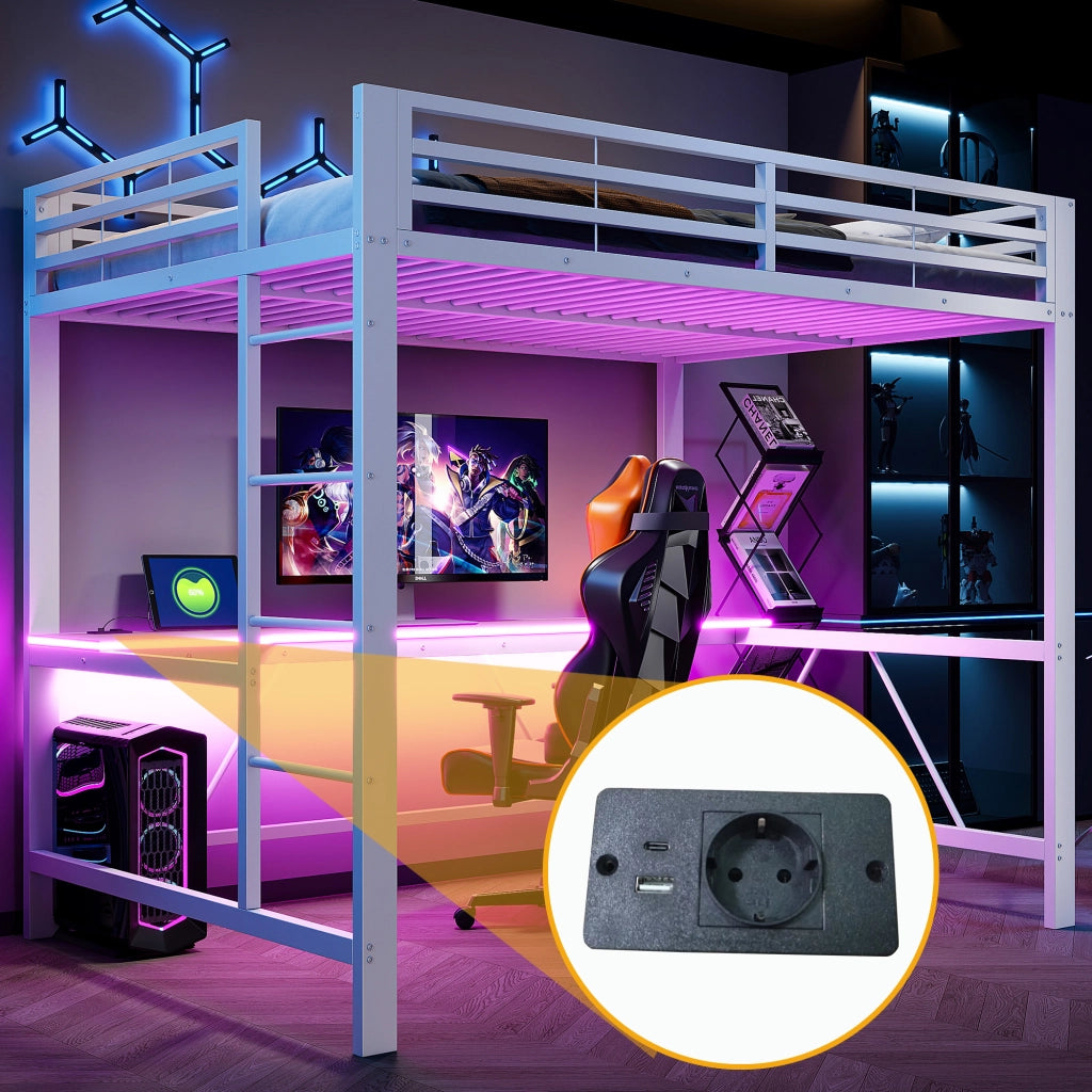 Letto a soppalco 140 × 200 cm con scrivania e led in metallo e MDF bianco con sponde di protezione