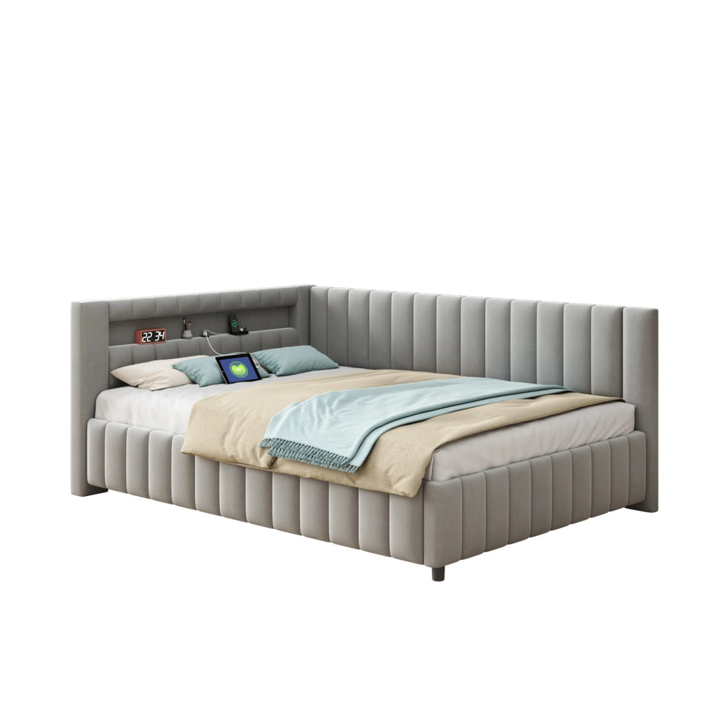 Letto Divano Letto Imbottito in Velluto 140x200 cm con LED e Porta USB, Struttura Larga e Resistente, Grigio