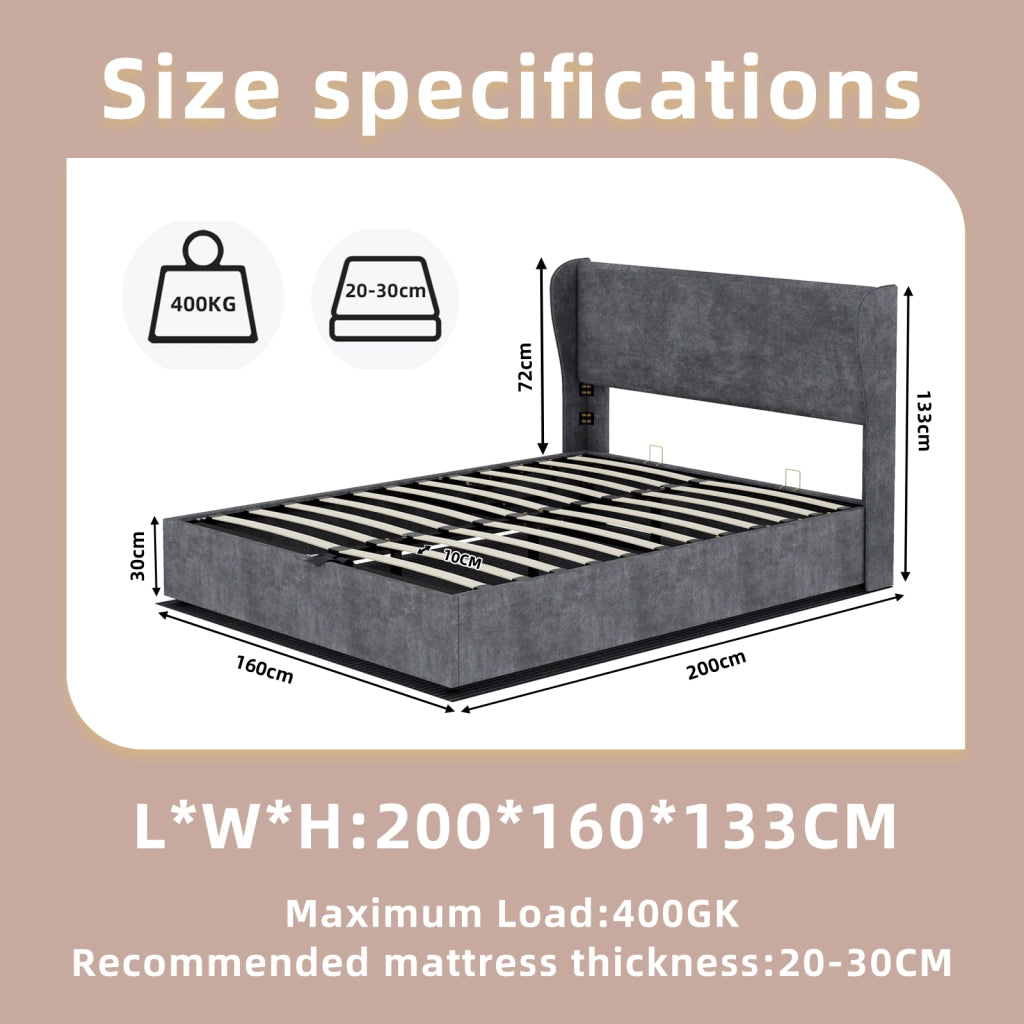 Letto imbottito 160x200 cm per adulti con testiera e schienale; struttura in legno e metallo; tessuto grigio