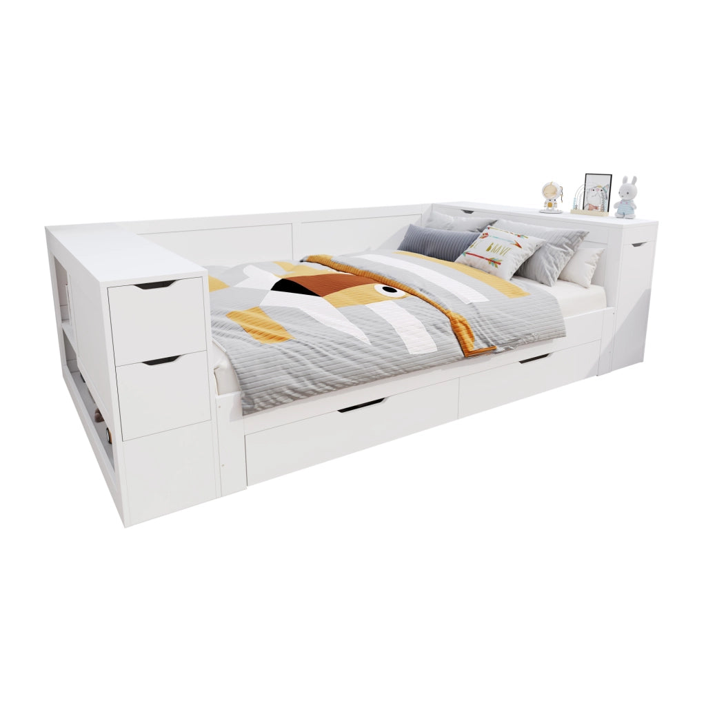 Letto singolo in MDF bianco 140x190 cm con contenitore e cassetti, struttura robusta, senza materasso