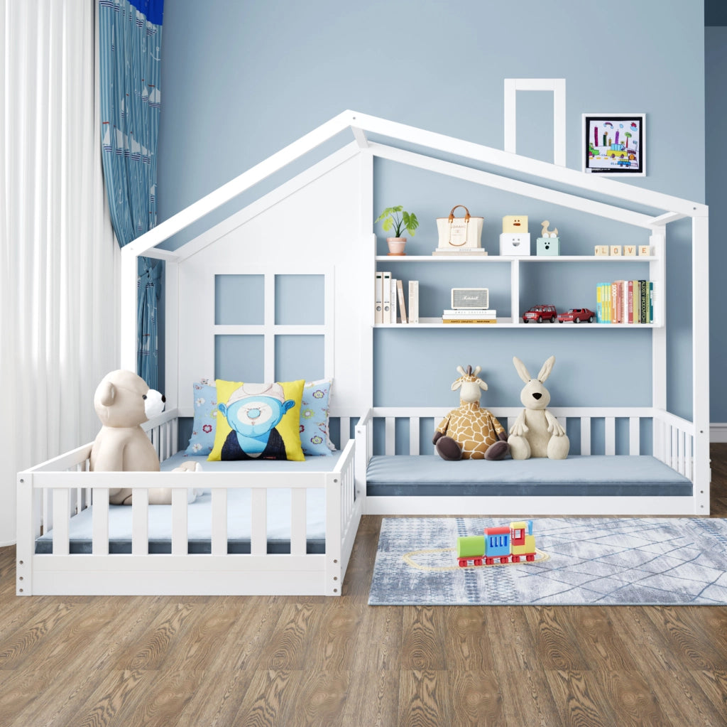 Letto a casetta per bambini 90x200 cm con mensole, sponde di sicurezza e rete, bianco