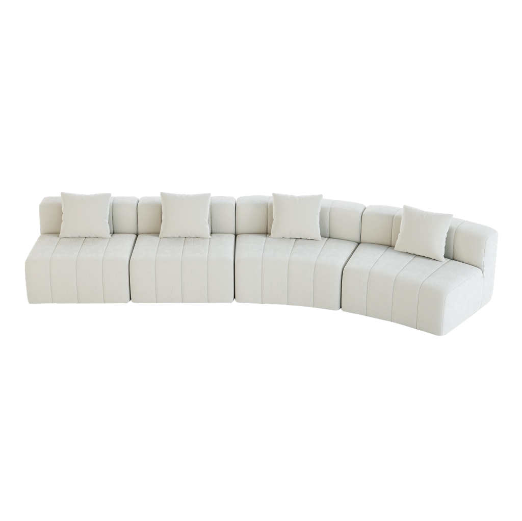 Divano modulare curvo in ciniglia beige con due cuscini