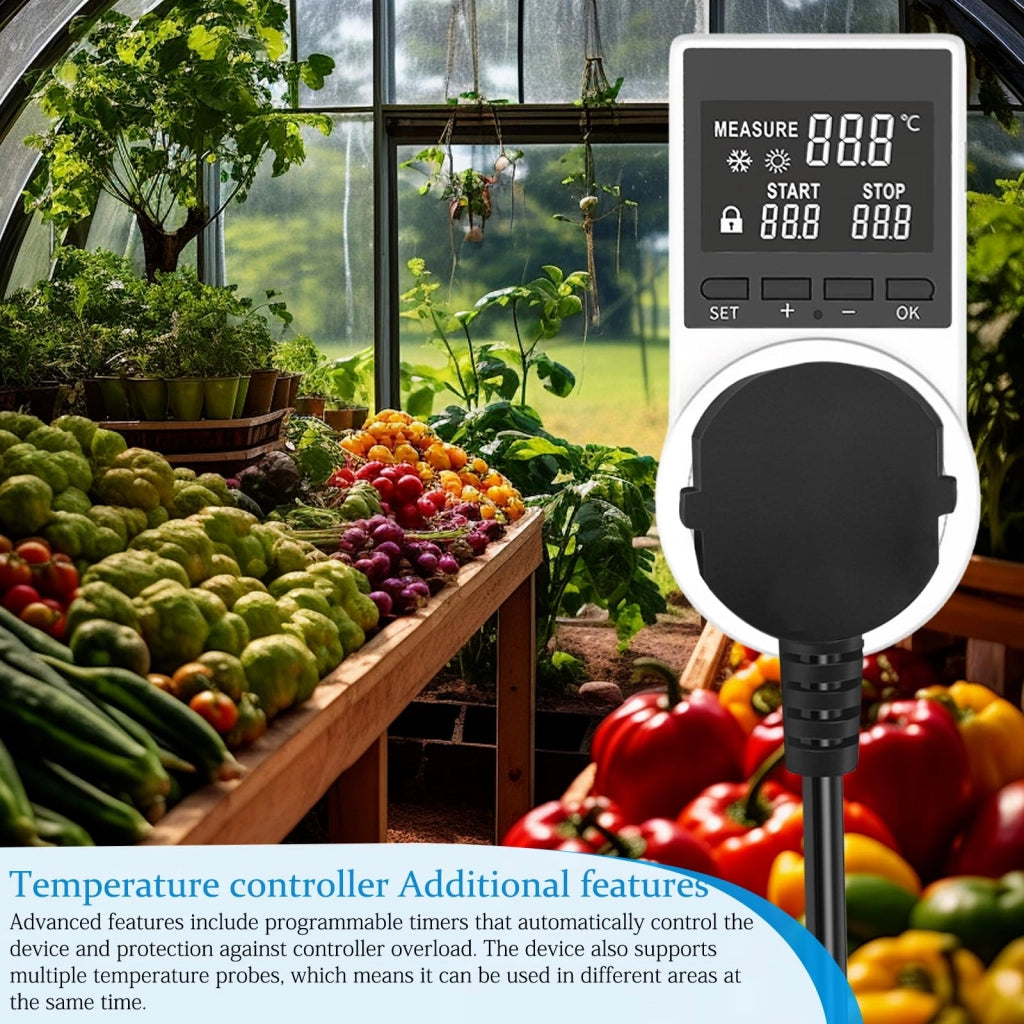 Termostato a 230 V, con display LCD, dotato di 2 sensori, per serre e acquari