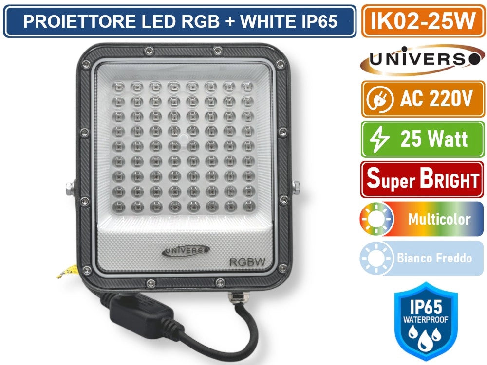 UNIVERSO IK02-25W PROIETTORE FARO LED SMD MULTICOLE RGB + WHITE 25W DA ESTERNO CON TELECOMANDO