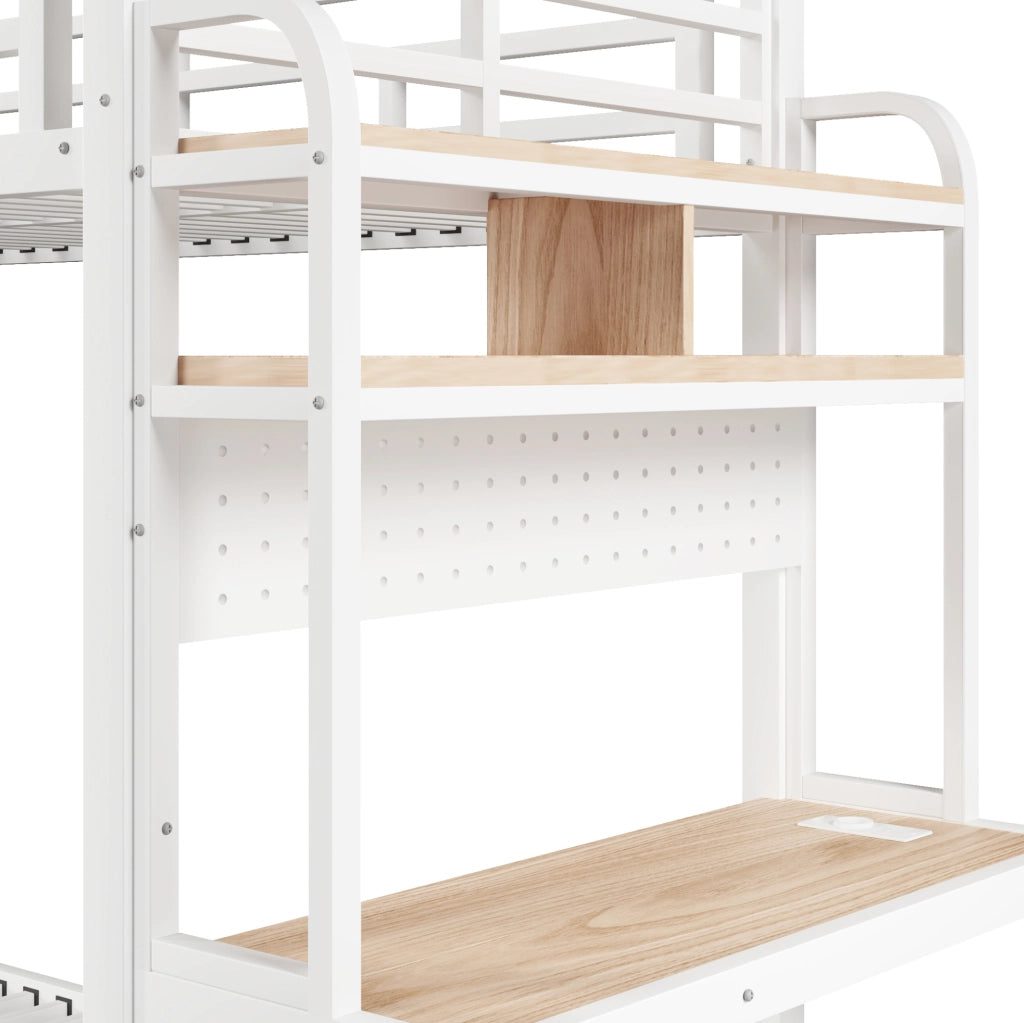 Letto a castello 90x200 cm in metallo con scrivania, mensole, luce LED, USB, con protezioni di sicurezza e scala, bianco