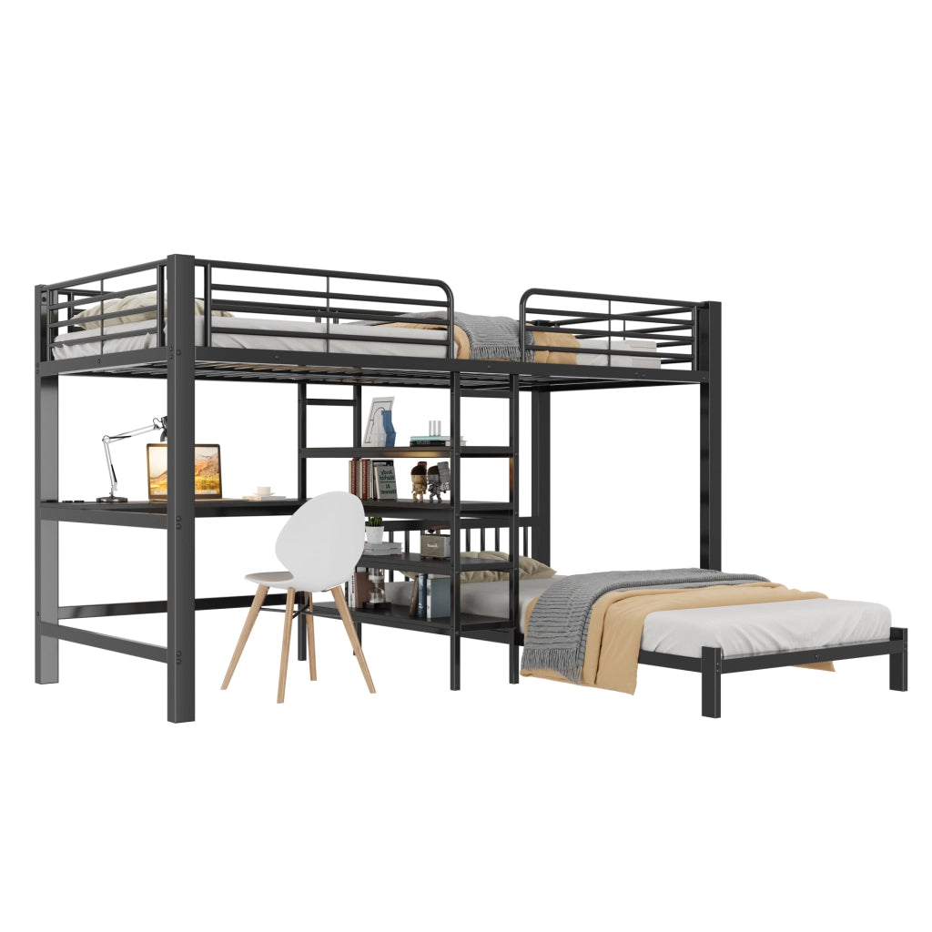 Letto a Castello Matrimoniale 90x200 cm con Scrivania e Porte USB Nero in Ferro e MDF