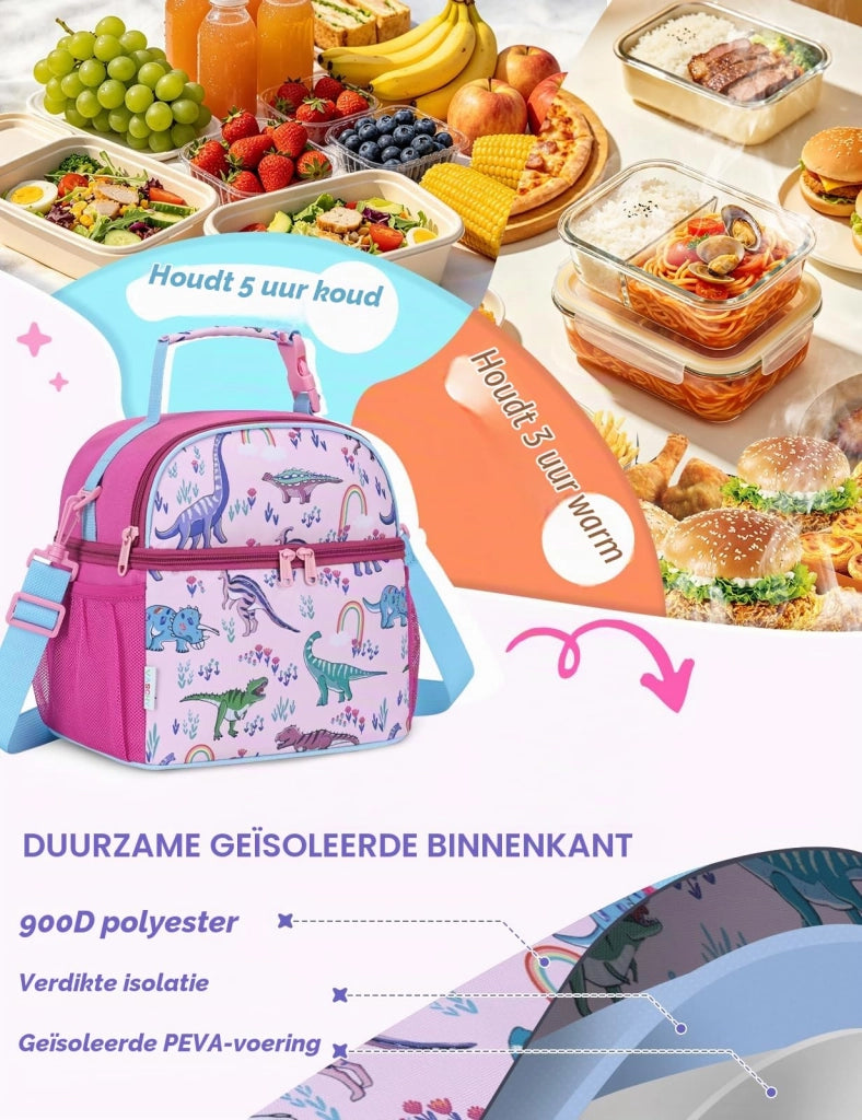 Borsa termica per il pranzo, per bambini, con 2 scomparti, motivo dinosauri rosa, dimensioni 24x19x25 cm