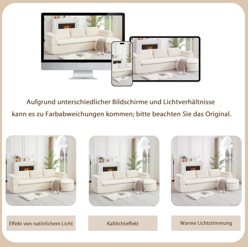Divano angolare in ciniglia beige con penisola arrotondata