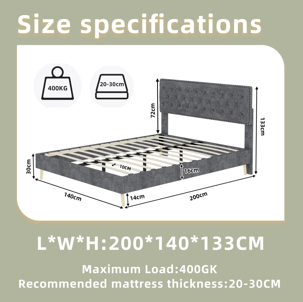 Letto imbottito grigio 140 x 200 cm con materasso incluso
