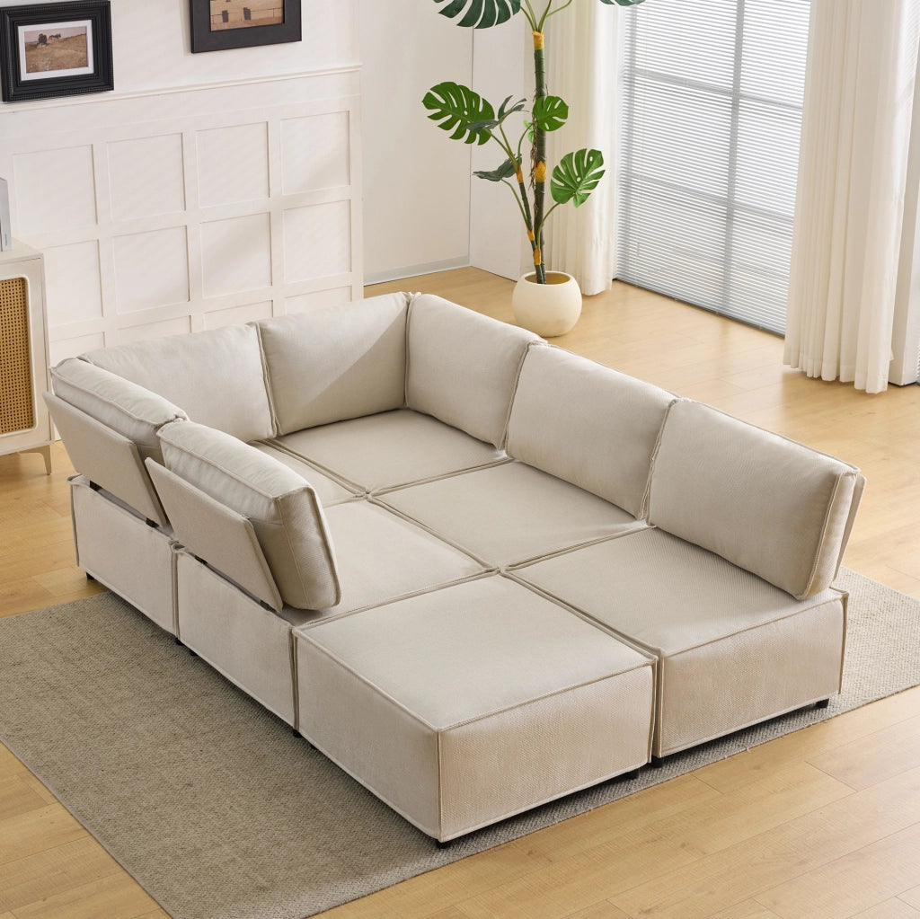 Divano modulare ULEVR 308x152x77 cm, 6 moduli combinabili in configurazione L, U o letto, beige