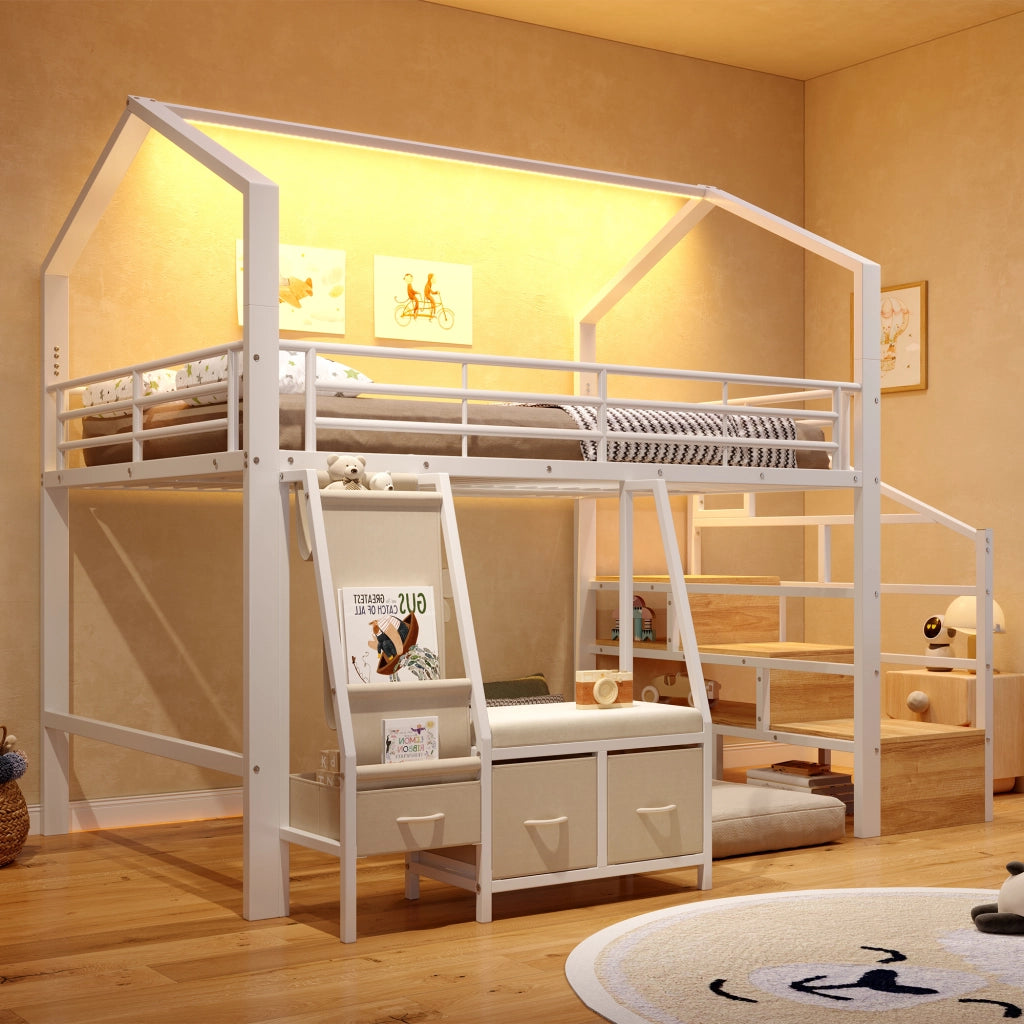 Letto a Soppalco 90x200 con Cassetti; Rangement Integrato; LED; Sponde di Sicurezza LEMONMAX Salvaspazio per Camera Bambini