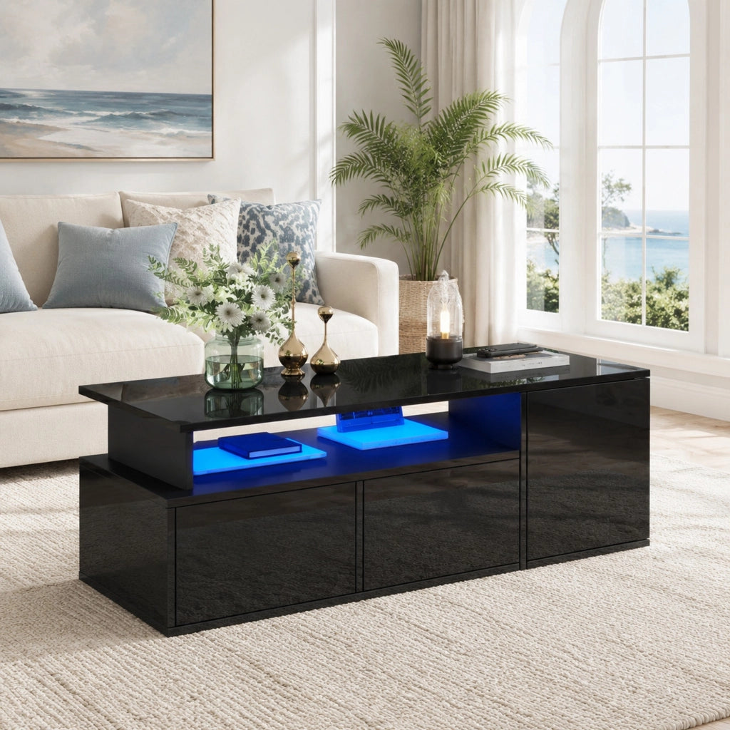 Tavolino da caffè LED 100x50x35 cm nero in truciolato, 2 cassetti, contenitore