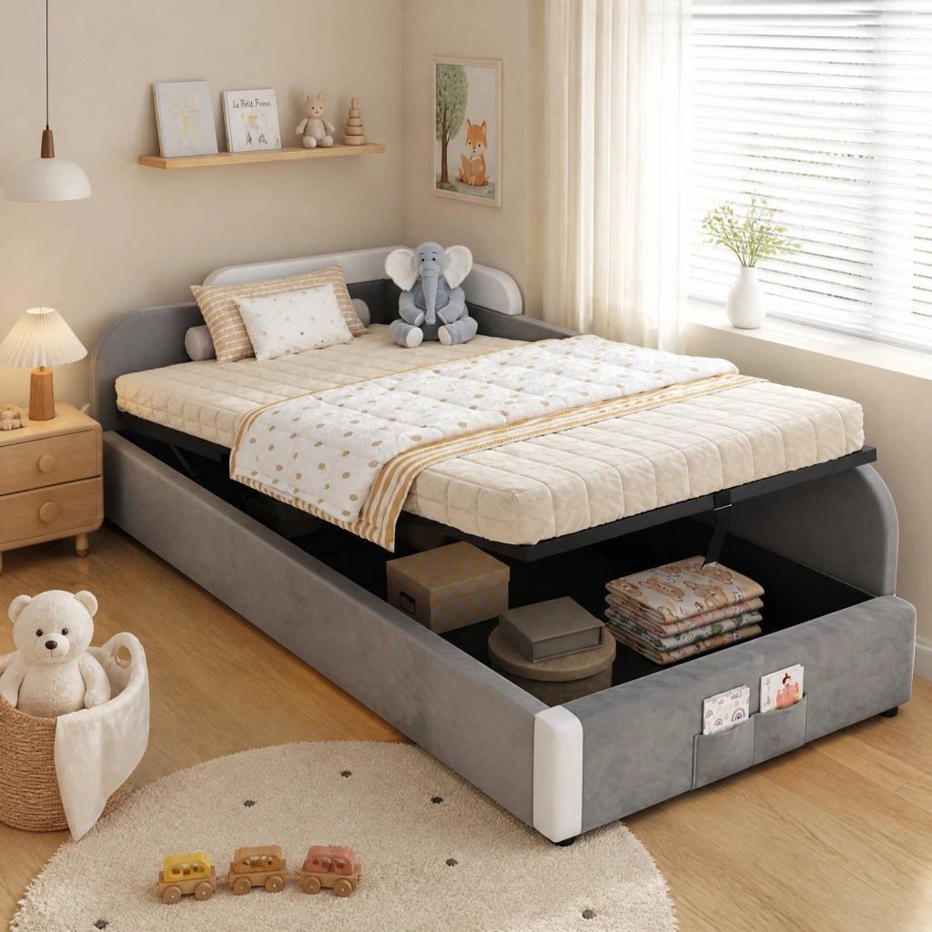 Letto singolo per bambini 90x200 cm con contenitore idraulico in velluto; bianco e grigio