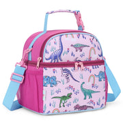 Borsa termica per il pranzo, per bambini, con 2 scomparti, motivo dinosauri rosa, dimensioni 24x19x25 cm