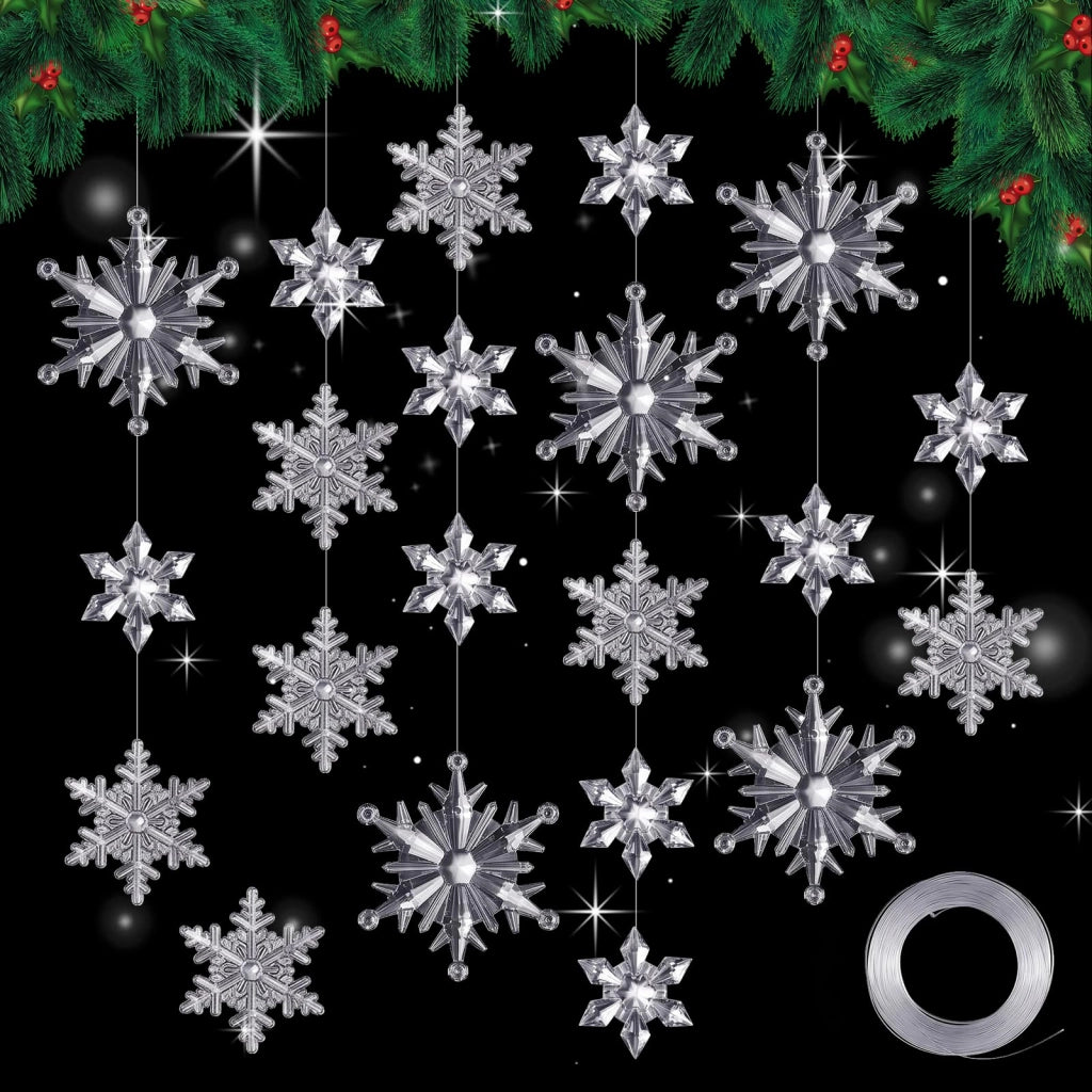 Decorazioni a forma di fiocchi di neve, set da 45 pezzi, in acrilico trasparente, dimensioni 4,5–7,5 cm, con 30 metri di filo