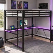 Letto a castello gaming 160x200 in metallo nero con scrivania, illuminazione LED e presa USB