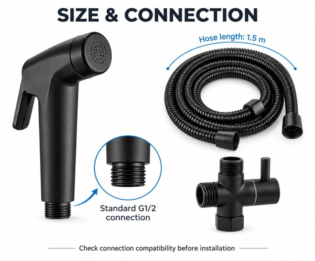 Set di pistola a spruzzo nera con convertitore d'acqua da 1/2, tubo flessibile e bidet per montaggio WC