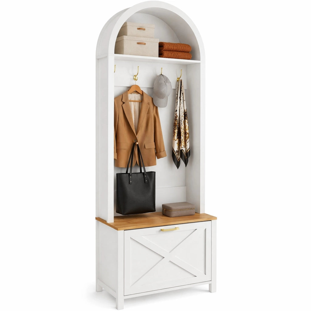 Guardaroba da ingresso 75x35x195 cm in MDF bianco e legno con scarpiera