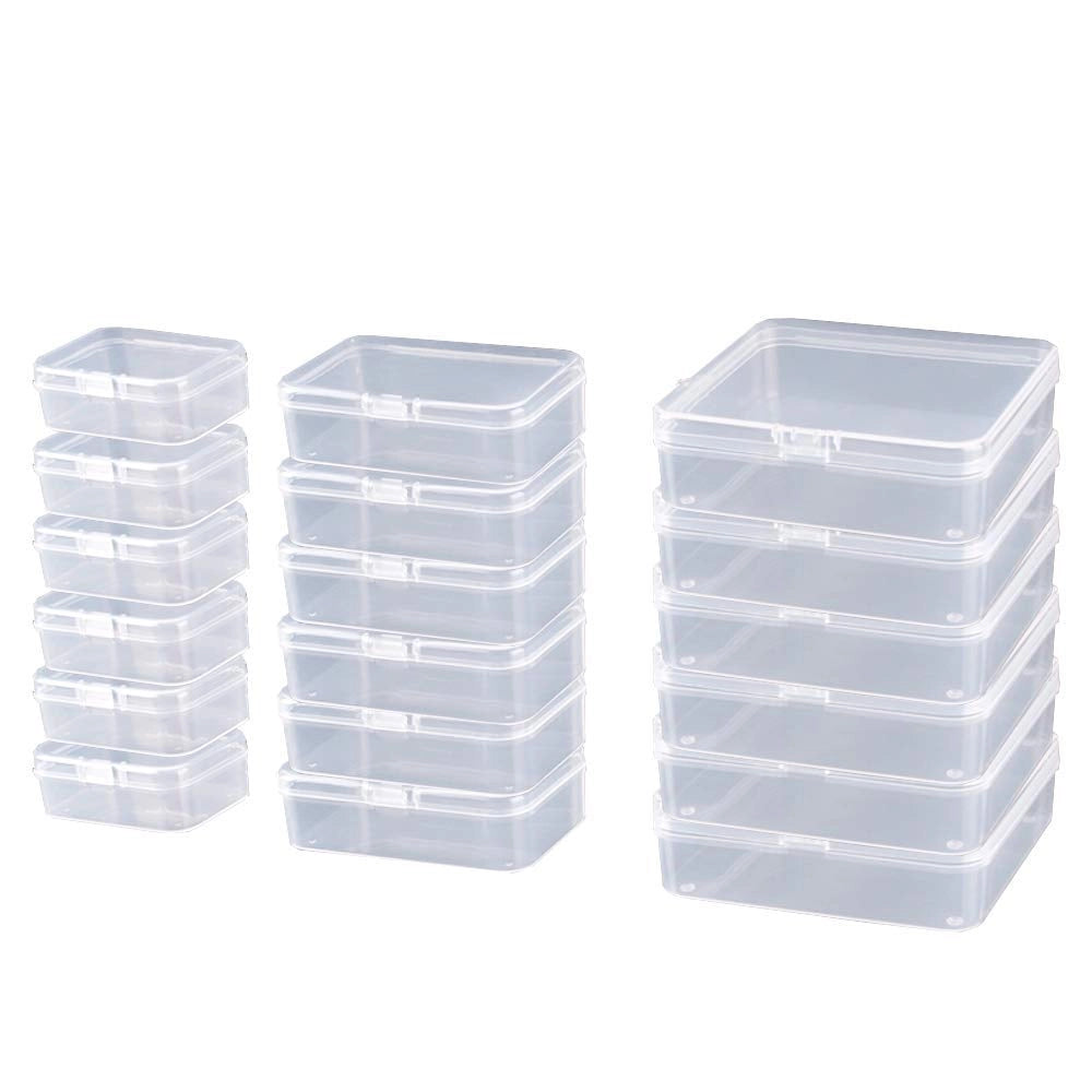 18 scatole portaoggetti trasparenti in plastica con coperchio a ribalta, 3 dimensioni, contenitori per gioielli, piccoli oggetti, carte, accessori, paillettes