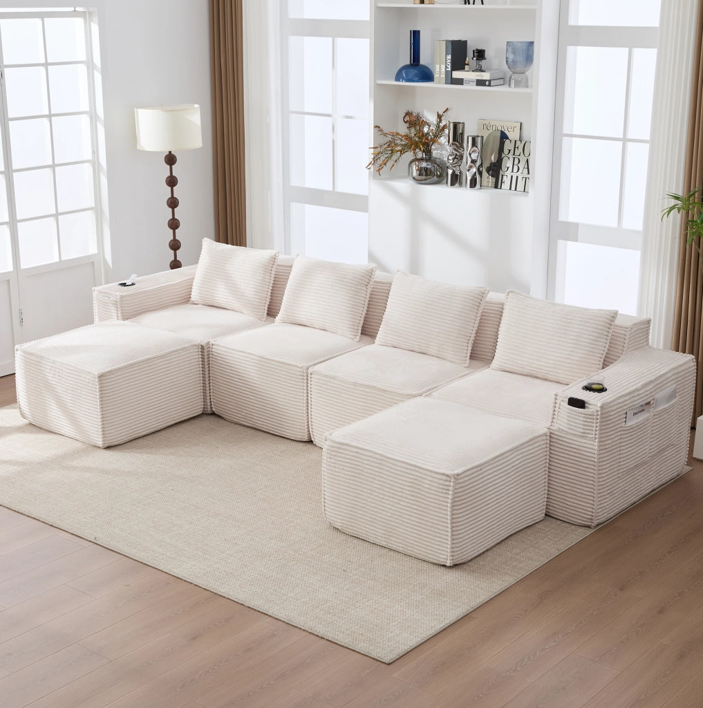 Divano modulare 4 posti 330x162x75 cm con 2 pouf, portabicchieri, tasche laterali e cuscini inclusi in velluto a coste beige