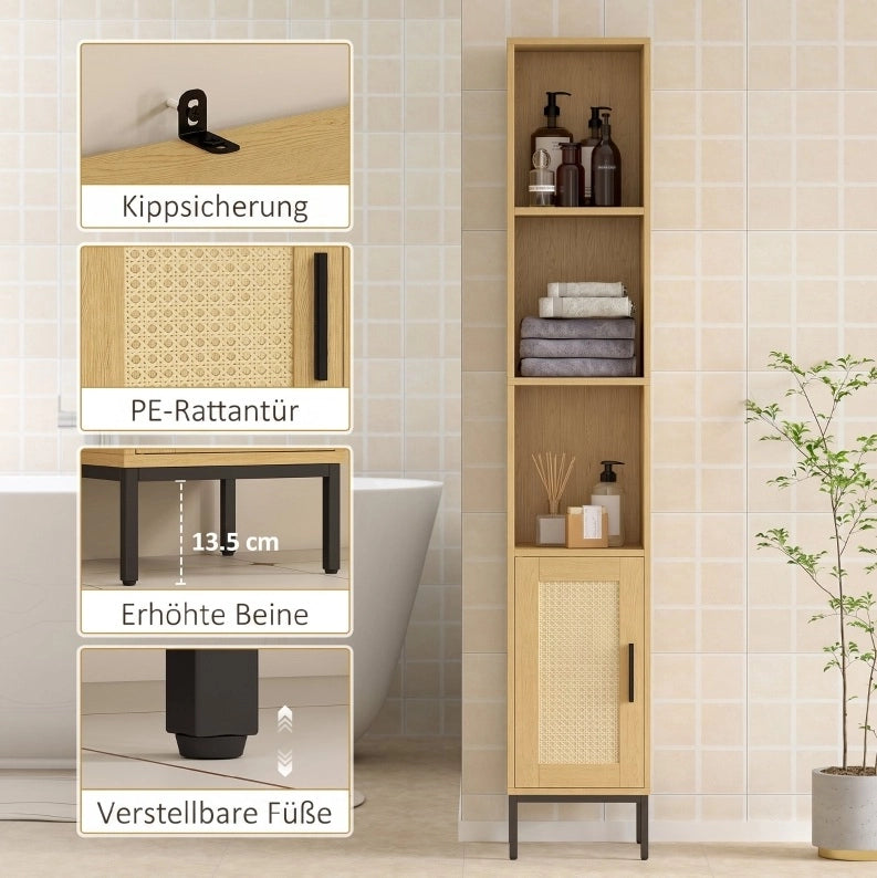 Mobile bagno alto e stretto effetto legno naturale e rattan