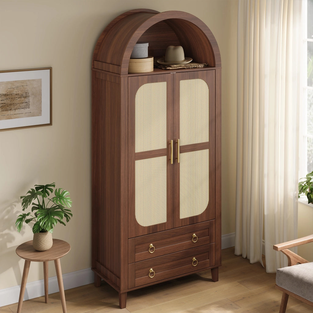 Armadio con nicchia ad arco LED controllata da app ante con decoro rattan e 2 cassetti noce 76 × 50 × 184 cm