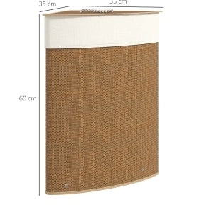 Cesto portabiancheria angolare in bambù da 55L con sacco estraibile e coperchio marrone per bagno e lavanderia