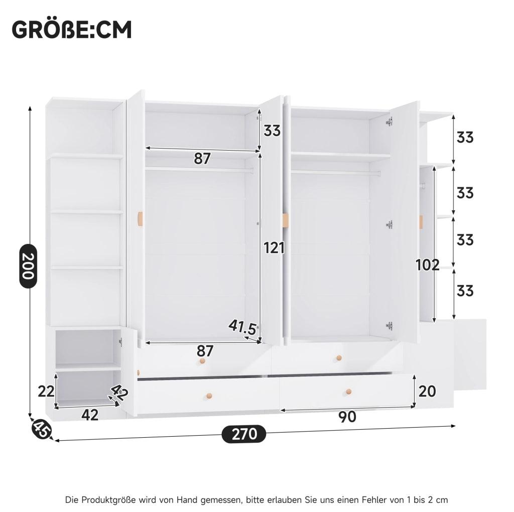 Armadio bianco a 6 ante con 4 cassetti e 4 aste appendiabiti