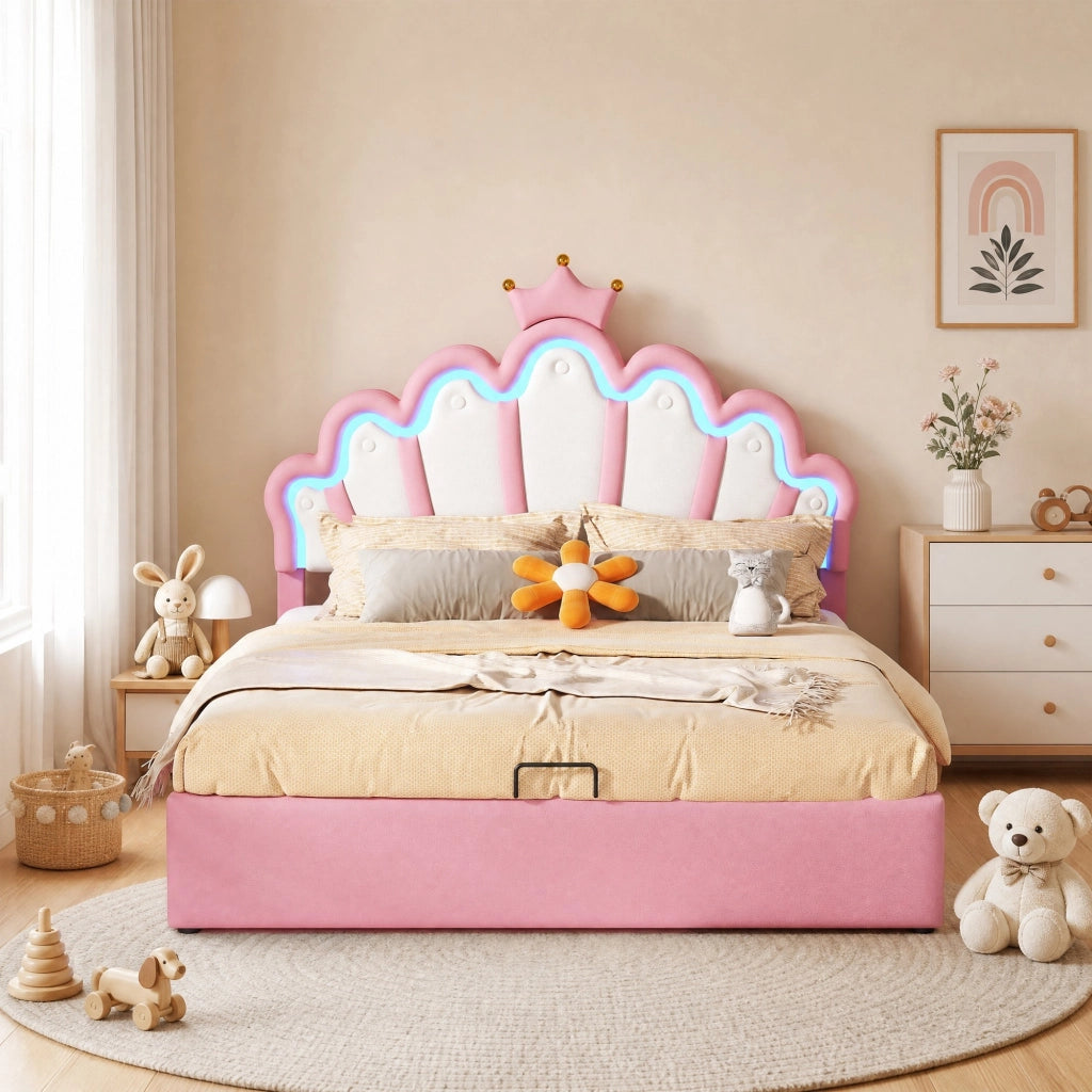 Letto imbottito rosa 140 x 200 cm con LED e vano contenitore