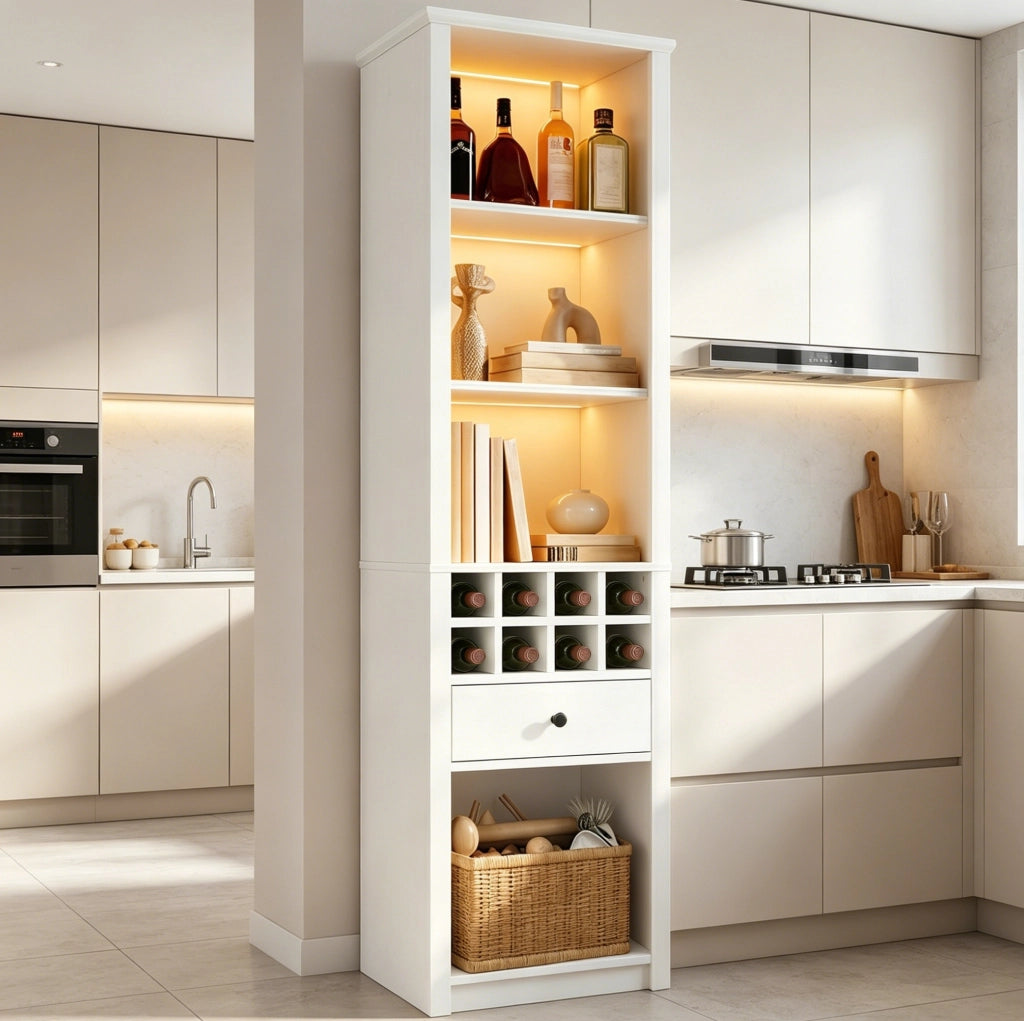 Mobile portavino aperto bianco con illuminazione e cassetto, 55 × 40 × 200 cm
