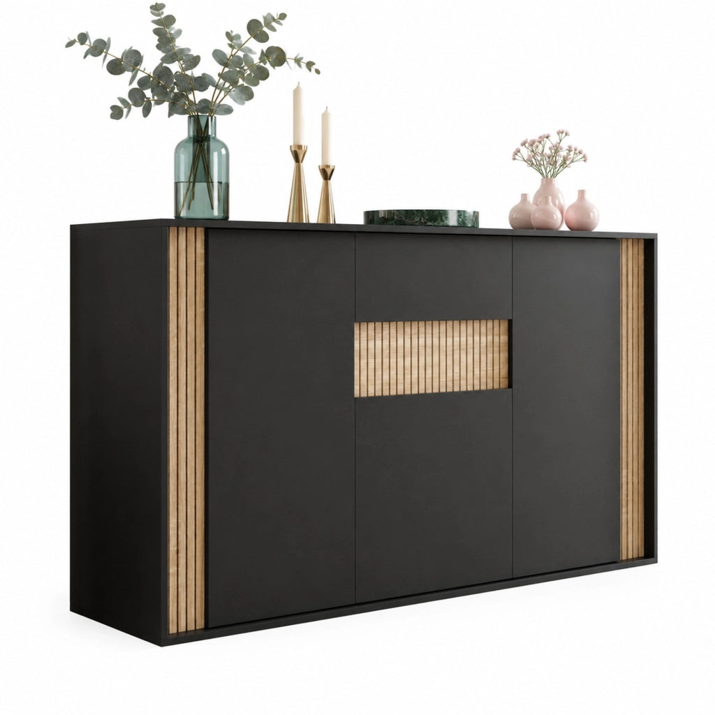 Credenza nera e naturale con 3 ante, cassetto e illuminazione LED, 140 x 40 x 82 cm