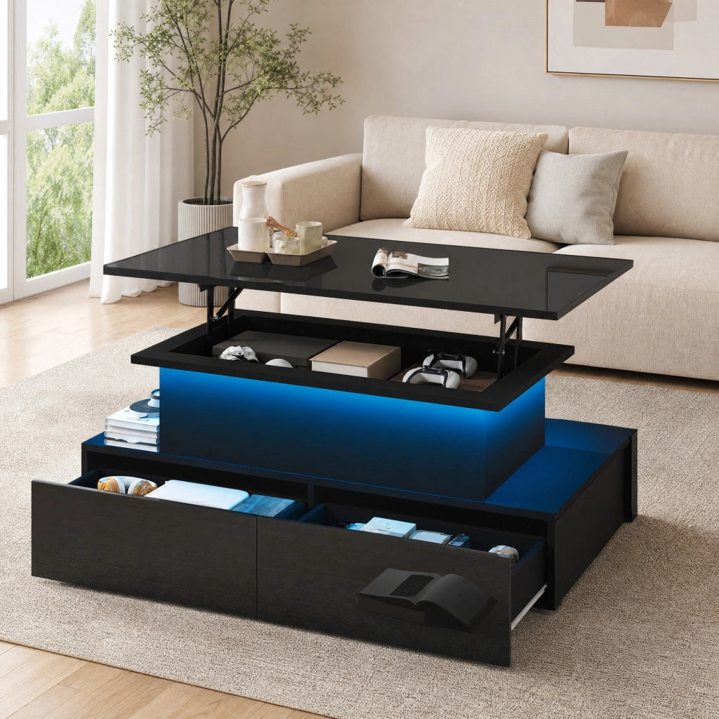 Tavolino da caffè LED 90x55x41 cm nero in truciolare con 4 cassetti