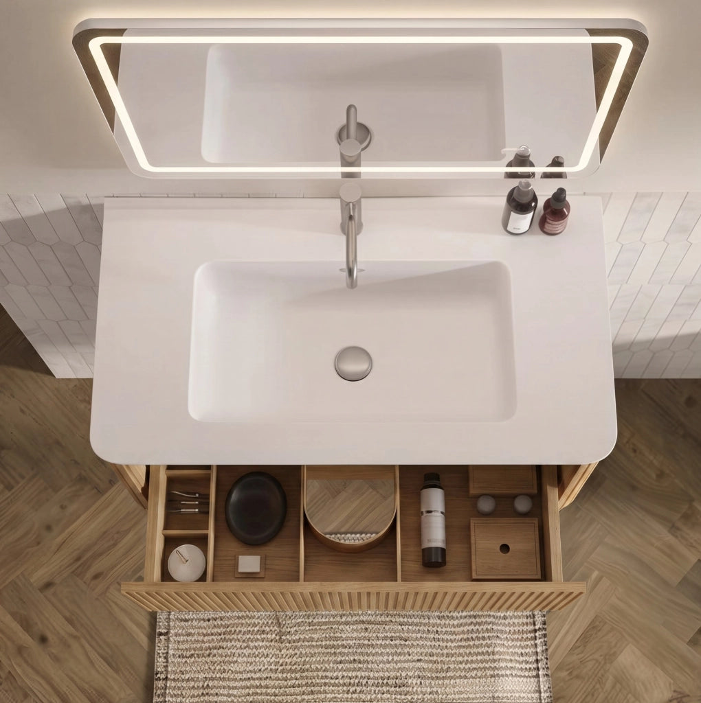 Mobile lavabo sospeso 81 x 46,5 x 37 cm rovere con colonna, senza rubinetto