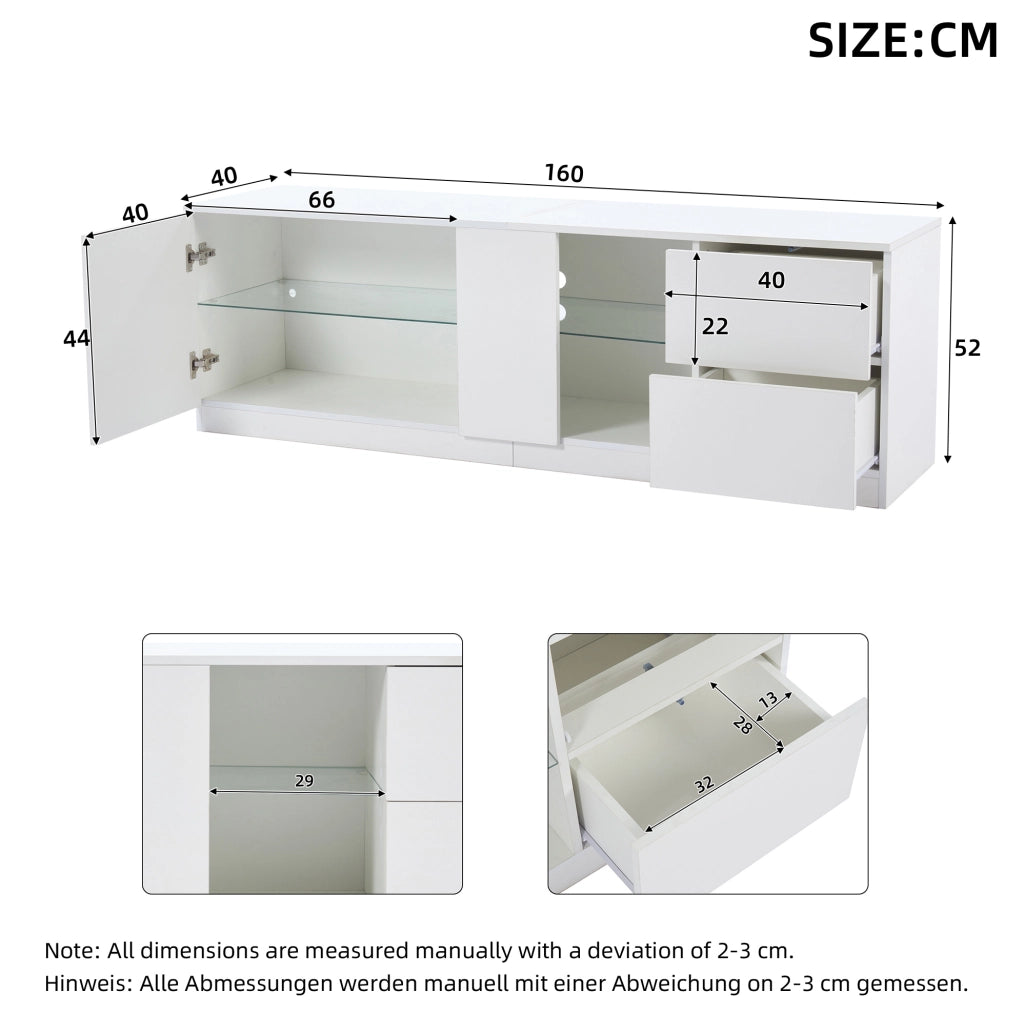 Mobile TV in MDF lucido bianco 160x40x52 cm con LED, porta TV per schermi fino a 65 pollici