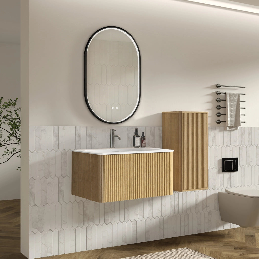 Mobile lavabo 80 cm con specchio LED e colonna, rovere bianco, stile moderno