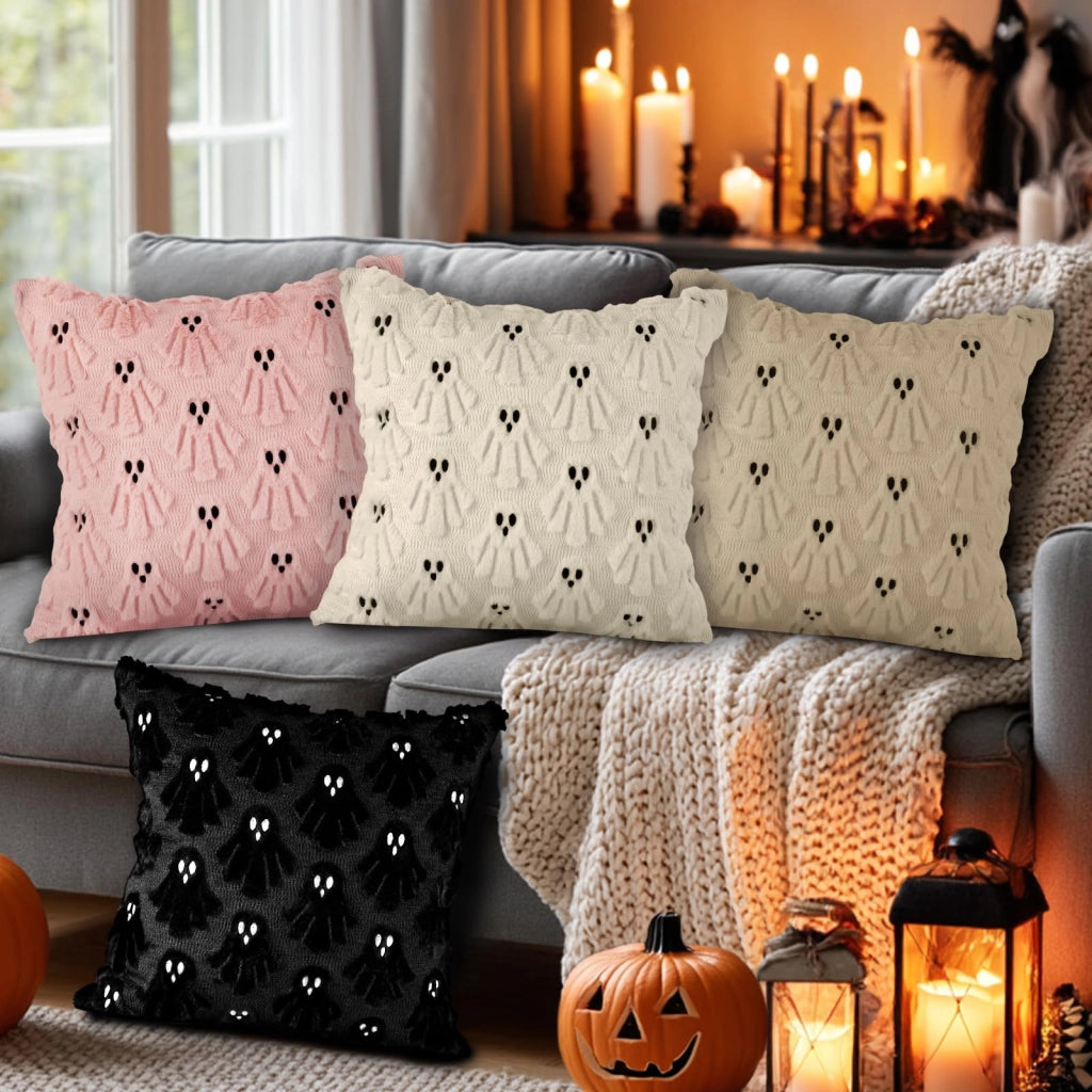 Set di 2 federe per cuscini a tema Halloween, in peluche, 40x40 cm, motivo fantasmi, colore bianco