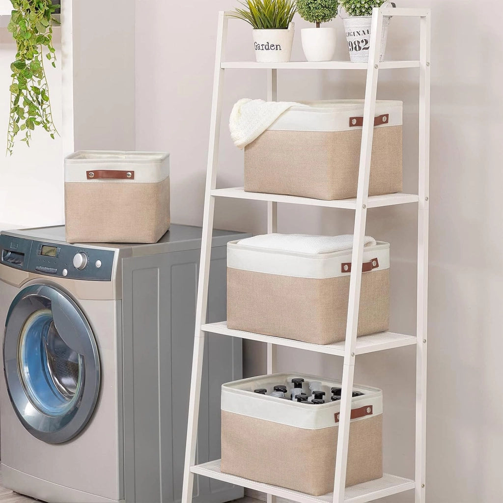 Contenitori per tessuti, dimensioni 33x38x33 cm, set da 3, colore beige chiaro/bianco