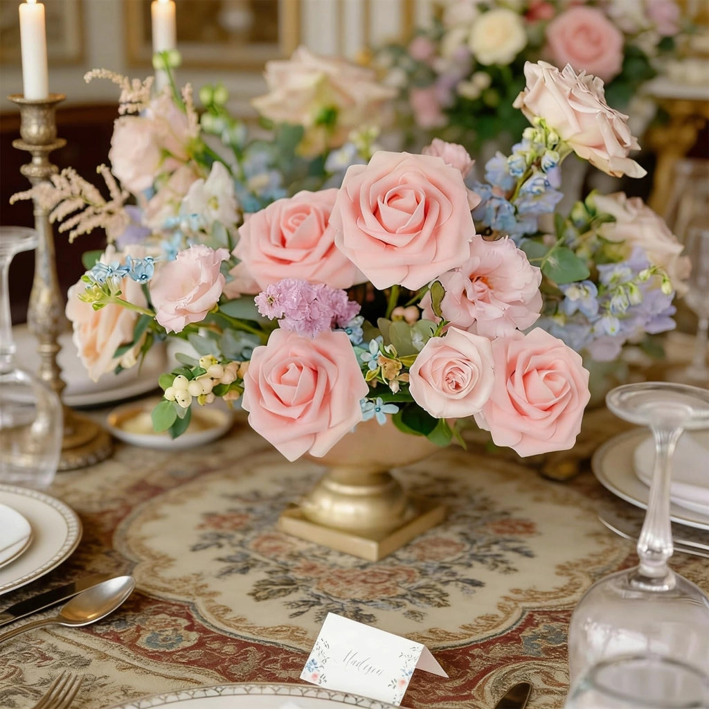 25 rose artificiali, color champagne, realizzate in schiuma PE, complete di steli