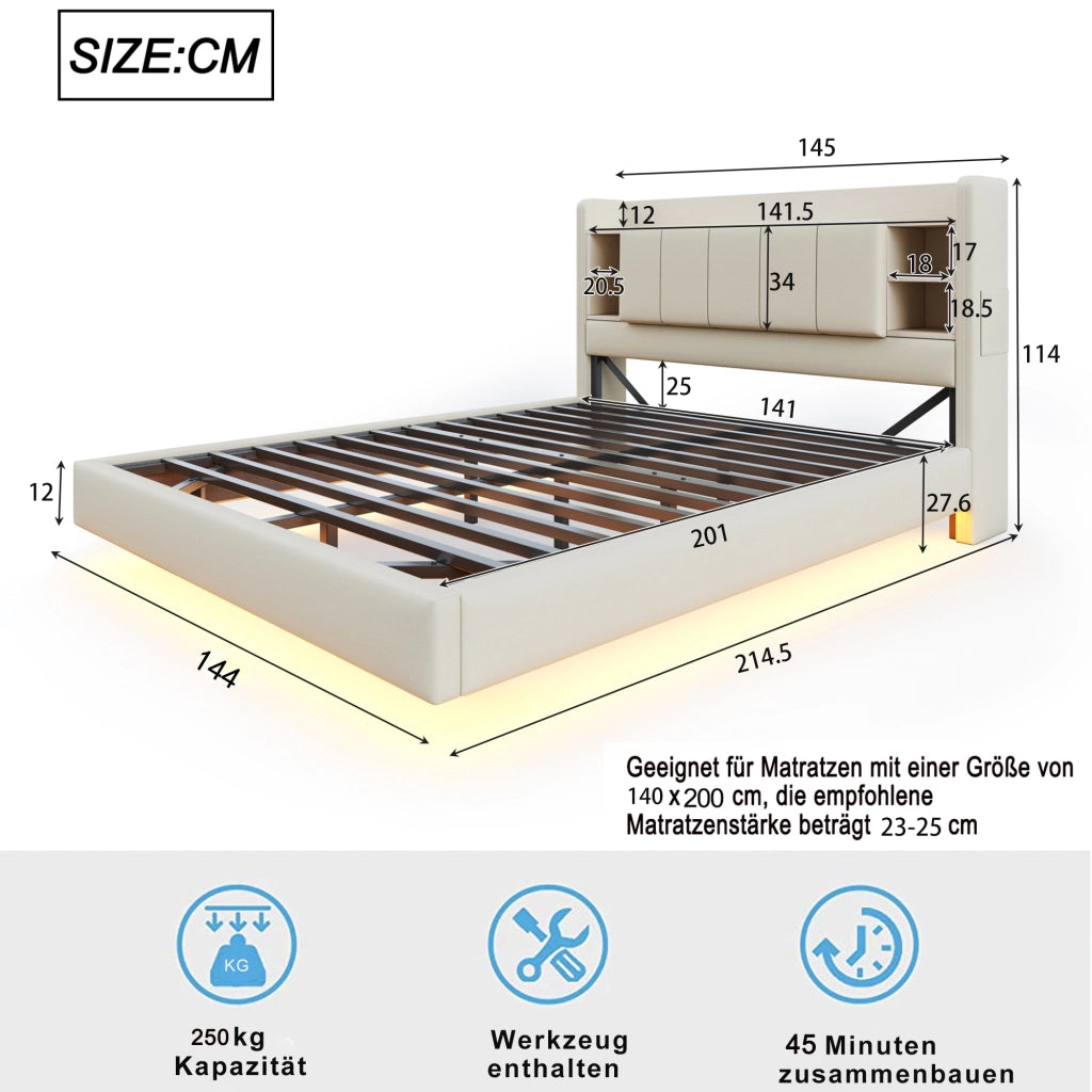 Letto matrimoniale imbottito 140 × 200 cm con USB e LED testiera contenitore in lino beige struttura in metallo