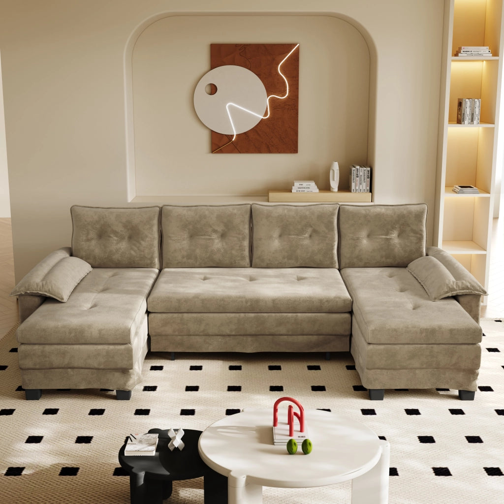 Divano letto panoramico a U modulare in chenille color cammello con letto estraibile; USB e 4 cuscini schienale
