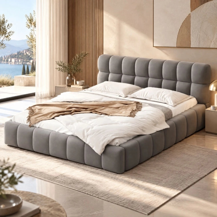Letto Bubble 140x200 cm; Letto Matrimoniale Imbottito; Struttura Letto con Testiera e Rete a doghe; Letto Moderno; Senza Materasso; Lino Grigio