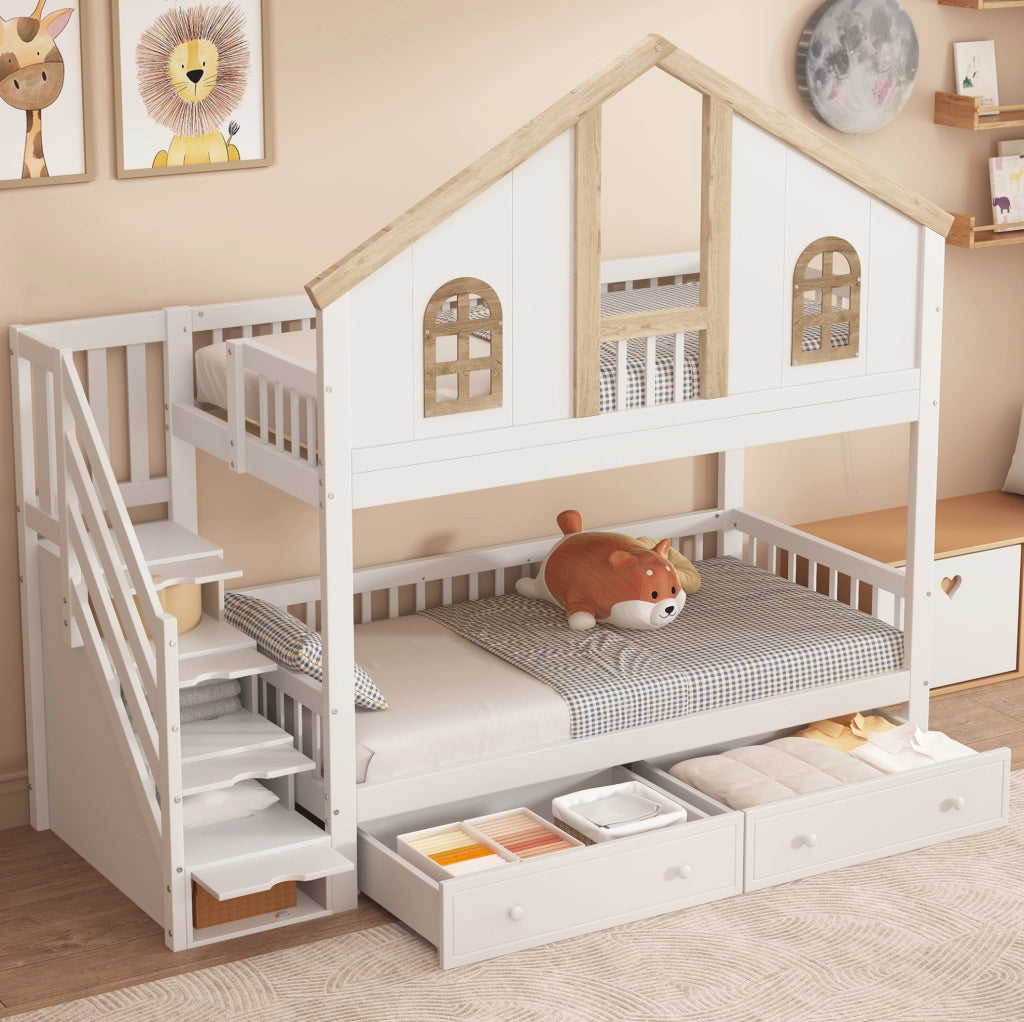 Letto a castello bambini 90x200 cm con scala contenitore