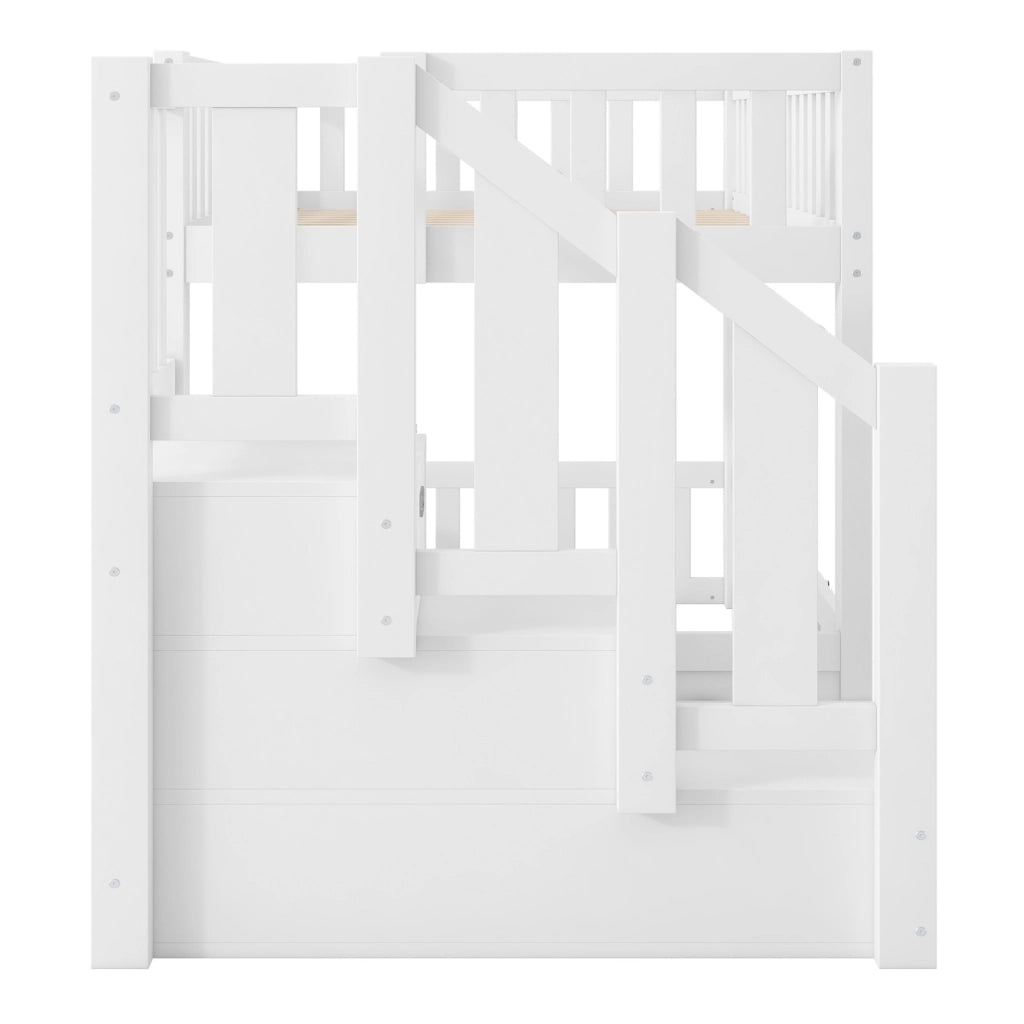 Letto a castello 90x200 cm in pino massello bianco con scala e spazio contenitivo