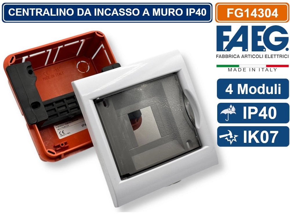 CENTRALINO DA INCASSO 4 MODULI CON CORNICE BIANCA E PORTELLO FUMÈ IP40 FAEG - FG14304