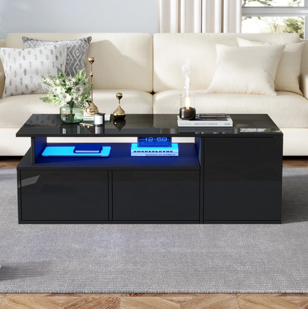 Tavolino da caffè LED 100x50x35 cm nero in truciolato, 2 cassetti, contenitore