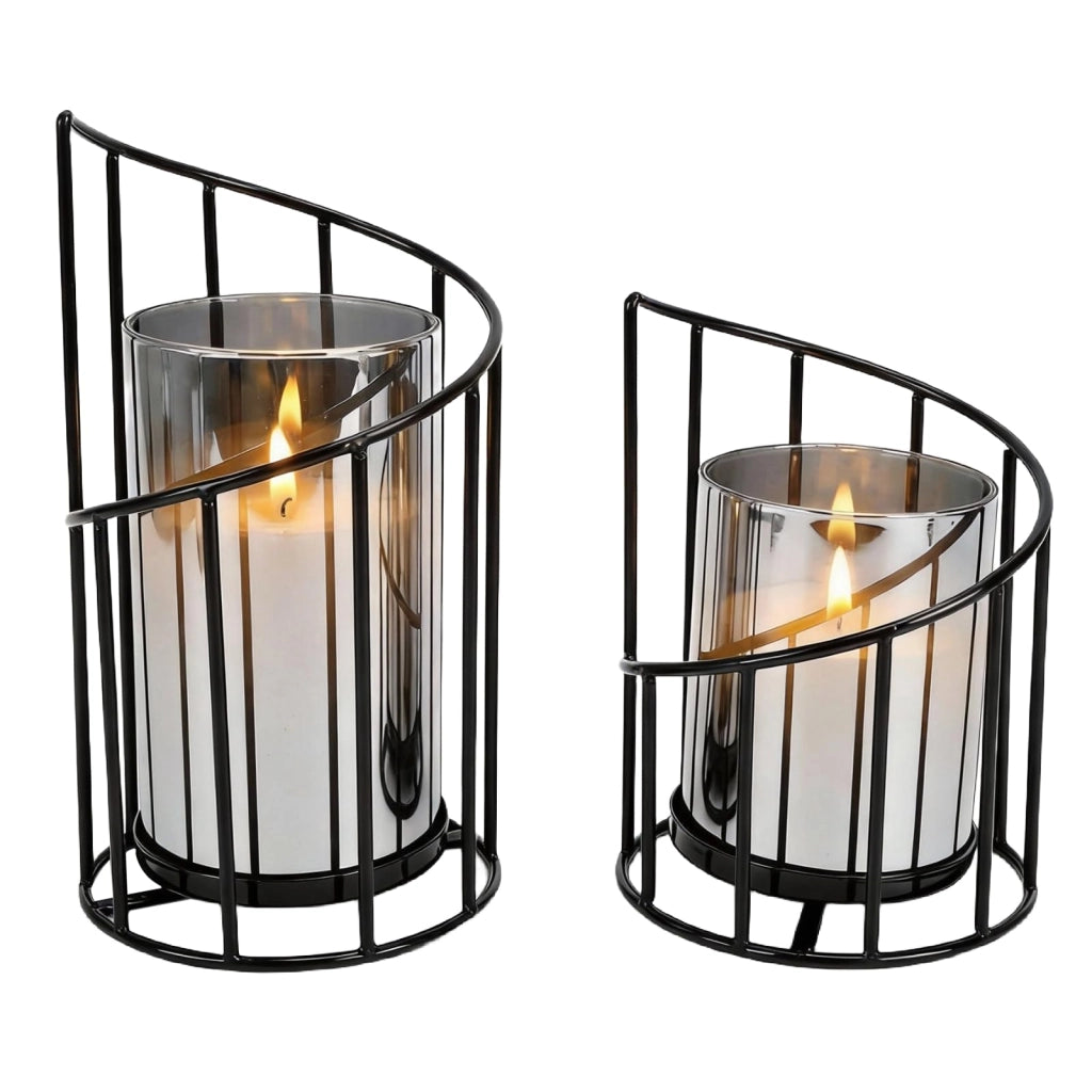 Set di 2 portacandele, neri, in vetro/metallo, design a spirale, dimensioni 22 e 16 cm